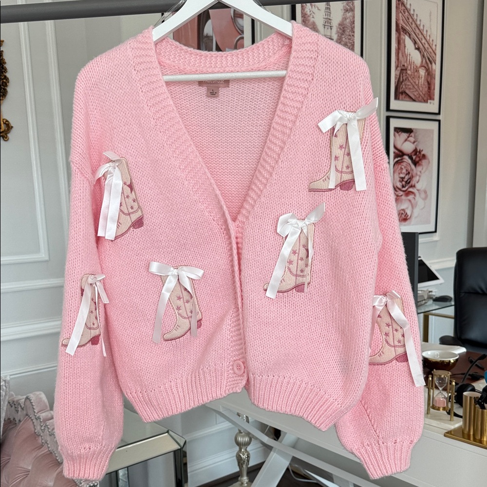 As new Faderose Pink Cardigan Sweater with Bow Accents size large